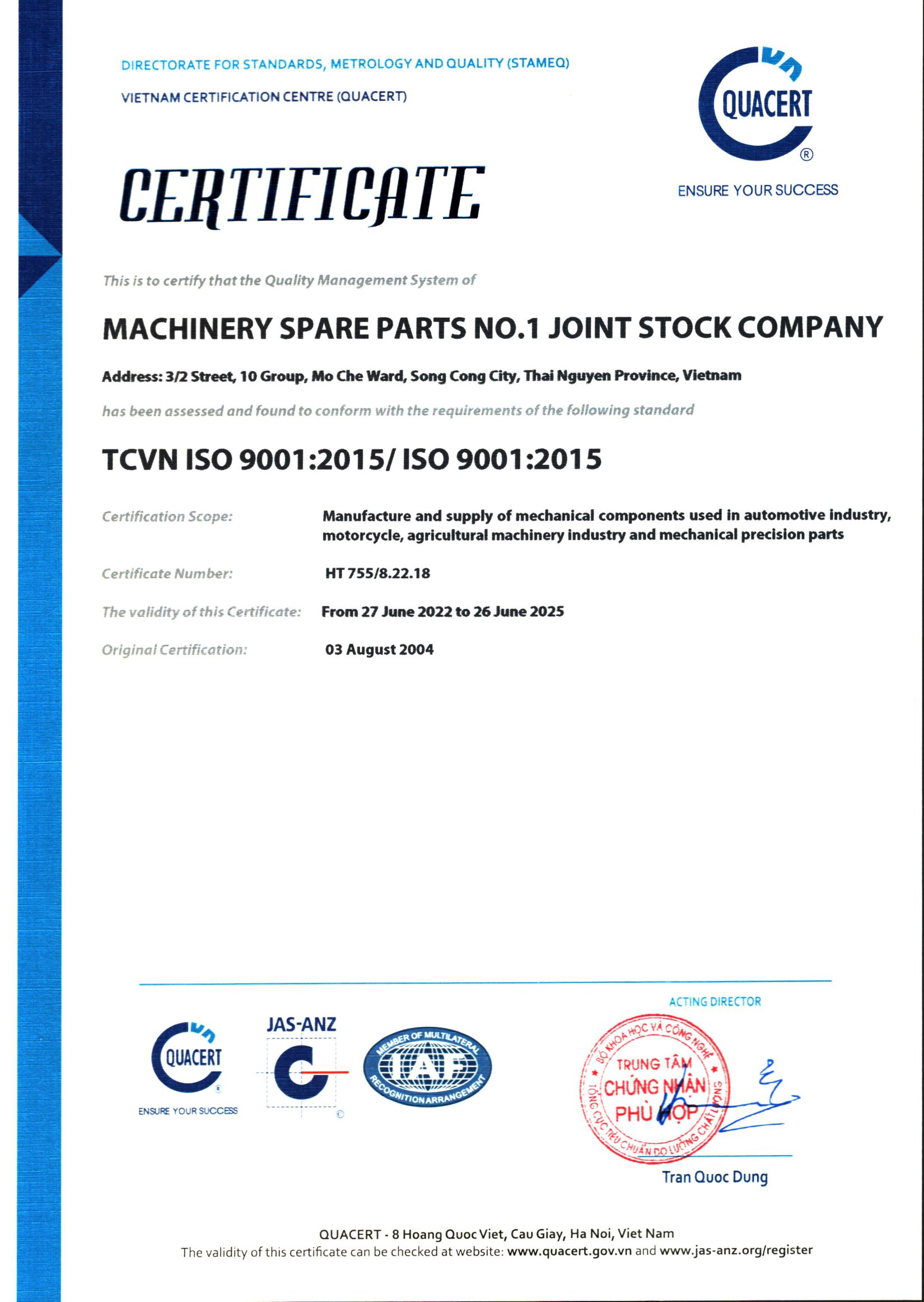 ISO 9001 - Công ty cổ phần phụ tùng máy số 1